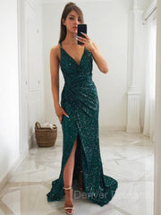 Strapless Dress, Sheath/Column V-neck Sweep Train Sequins Prom Dresses With Leg Slit