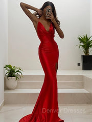 Formal Dresses Near Me, Sheath/Column V-neck Sweep Train Silk like Satin Prom Dresses With Leg Slit