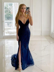 Simple Prom Dress, Sheath/Column V-neck Sweep Train Tulle Prom Dresses With Leg Slit