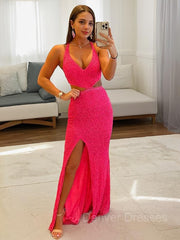 Party Dress Dresses, Sheath/Column V-neck Sweep Train Velvet Sequins Evening Dresses With Leg Slit