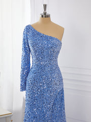 Homecoming Dress, Sheath Long Sleeves Velvet Sequins One-Shoulder Sweep Train Dress