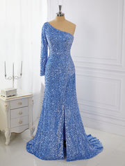 Evening Gown, Sheath Long Sleeves Velvet Sequins One-Shoulder Sweep Train Dress