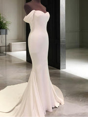 Wedding Dresses On Sale, Sheath Off-the-Shoulder Short Sleeves Court Train Jersey Wedding Dress