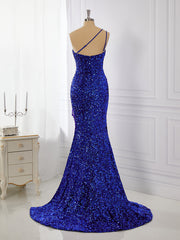 Prom Dresses Outfits Fall Casual, Sheath Velvet Sequins One-Shoulder Sweep Train Dress