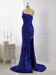 Prom Dress Silk, Sheath Velvet Sequins One-Shoulder Sweep Train Dress