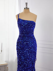 Prom Dresses Long Open Back, Sheath Velvet Sequins One-Shoulder Sweep Train Dress