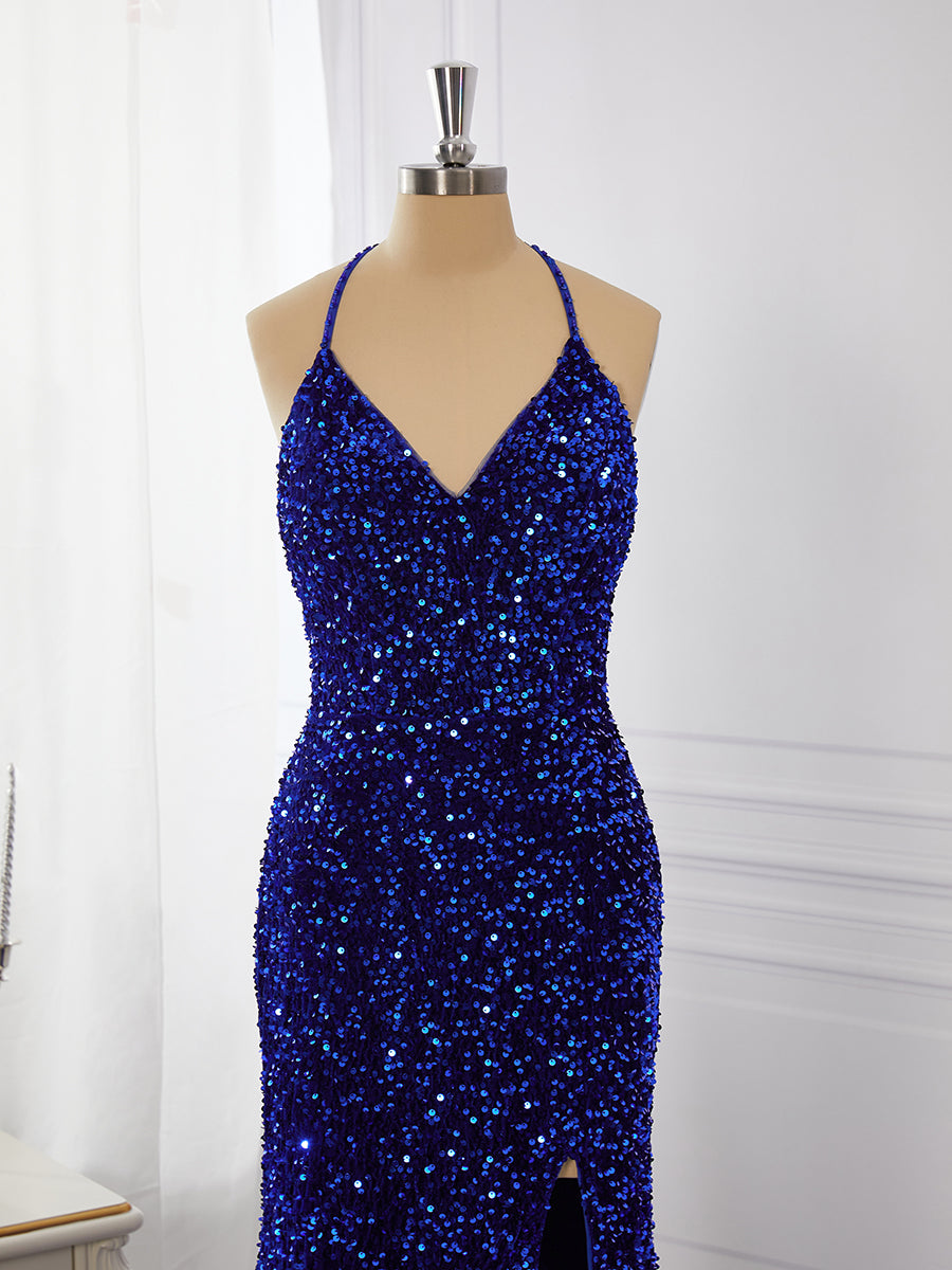 Homecoming Dresses With Sleeves, Sheath Velvet Sequins V-neck Sweep Train Dress