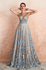 Party Dresses For Girls, Sheer A-Line Lace Sequin Jewel Long Prom Dresses with Crystals
