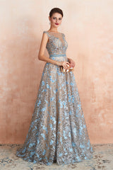 Party Dress Wedding Guest Dress, Sheer A-Line Lace Sequin Jewel Long Prom Dresses with Crystals