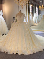 Wedding Dresses Inspiration, Shinny Long A-line Full Beading Lace-Up Wedding Dresses with Sleeves
