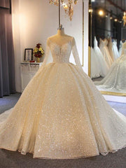 Wedding Dresses For Brides, Shinny Long Ball Gown Sweetheart Sparkling Wedding Dresses with Sleeves