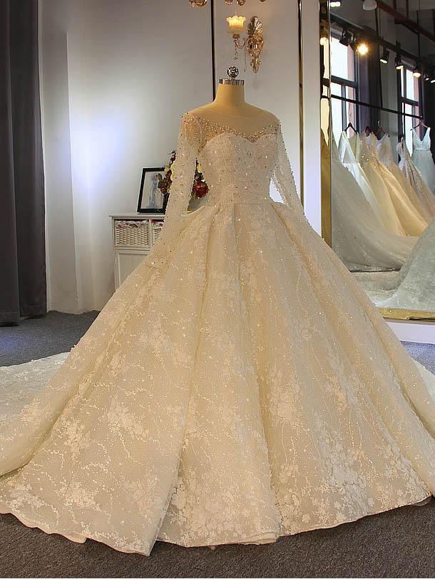 Wedding Dress On Sale, Shinny Long Ball Gown Sweetheart Tulle Lace Wedding Dresses with Sleeves