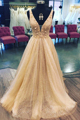 Evening Dresses Ball Gown, Shiny A Line V Neck Champagne Flowers Long Prom Dress, Champagne V Neck Long Formal Evening Dress