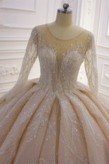 Wedding Dress Colored, Shiny Ball Gown Tulle Jewel Long Sleevess Ruffless Wedding Dress