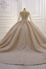 Wedding Dresses Colors, Shiny Ball Gown Tulle Jewel Long Sleevess Ruffless Wedding Dress