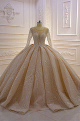 Wedding Dress Color, Shiny Ball Gown Tulle Jewel Long Sleevess Ruffless Wedding Dress