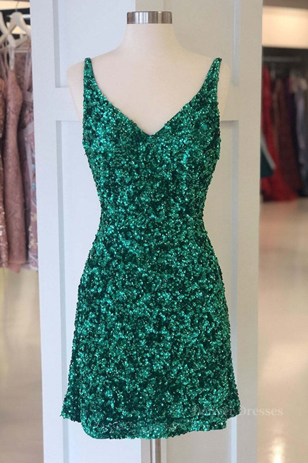 Prom Dress 2053, Shiny Green Sequins V Neck Short Prom Dresses, V Neck Green Homecoming Dresses, Green Formal Evening Dresses