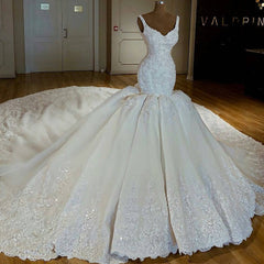 Wedding Dresses Back, Shiny Mermaid Beading Lace Straps Applique Wedding Dresses