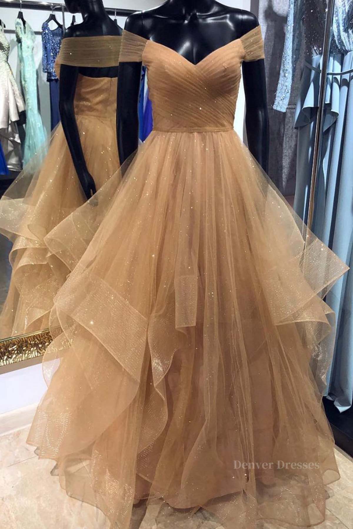 Prom Dress 2057, Shiny Off Shoulder Champagne Long Prom Dress, Off the Shoulder Champagne Formal Dress, Fluffy Champagne Evening Dress