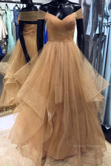 Prom Dress 2057, Shiny Off Shoulder Champagne Long Prom Dress, Off the Shoulder Champagne Formal Dress, Fluffy Champagne Evening Dress