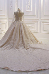 Wedding Dresses Simple Lace, Shiny Sequined Long Sleevess Pleats Champange Wedding Dress