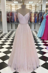 Party Dress Teens, Shiny Sequins V Neck Pink Long Prom Dress, V Neck Pink Formal Graduation Evening Dress