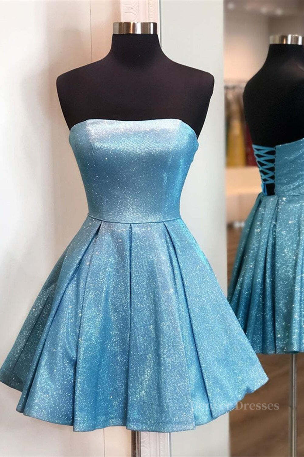 Prom Dress Gowns, Shiny Strapless Blue Short Prom Dresses, Open Back Blue Homecoming Dresses, Blue Formal Evening Dresses