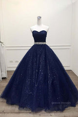 Homecoming Dress Inspo, Shiny Strapless Dark Blue Long Prom Dresses, Dark Blue Long Formal Evening Gown