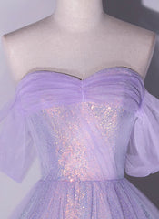 Homecomeing Dresses Long, Shiny tulle sequins long purple prom dress A-line evening dress