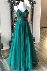 Functional Dress, Shiny V Neck Backless Beaded Green Tulle Long Prom Dress, Green Lace Formal Dress, Beaded Evening Dress