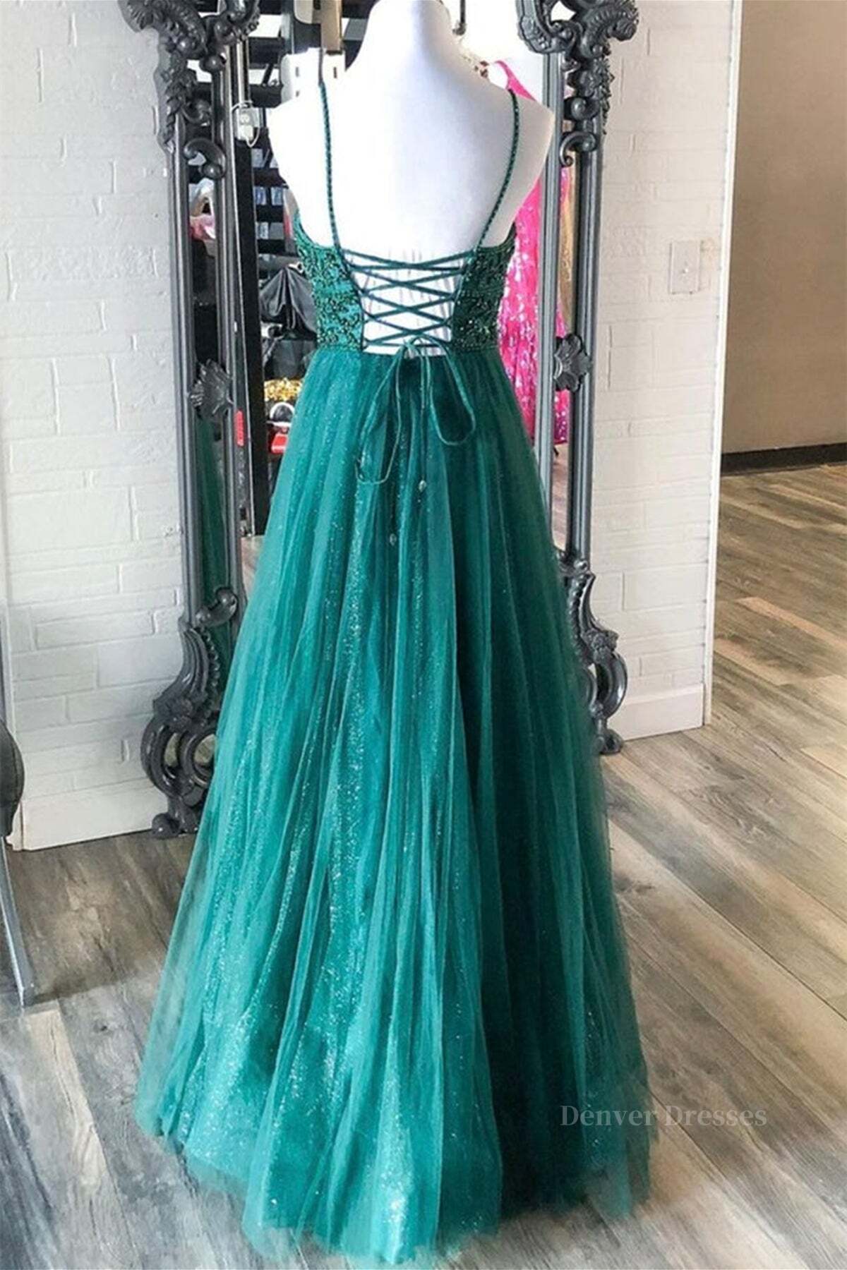 Tulle Dress, Shiny V Neck Backless Beaded Green Tulle Long Prom Dress, Green Lace Formal Dress, Beaded Evening Dress