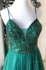 Prom Dress Aesthetic, Shiny V Neck Backless Beaded Green Tulle Long Prom Dress, Green Lace Formal Dress, Beaded Evening Dress