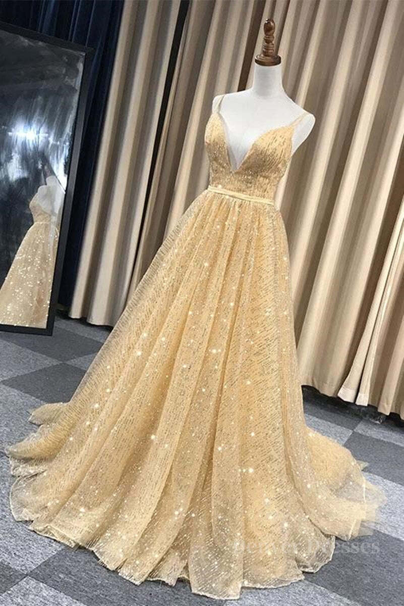 Slip Dress, Shiny V Neck Backless Long Golden Prom Dress, Sparkly Golden Formal Dress, Golden Evening Dress