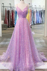 Cocktail Party Outfit, Shiny V Neck Backless Long Purple Prom Dress, Backless Lilac Formal Graduation Evening Dress