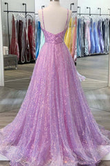 Classy Gown, Shiny V Neck Backless Long Purple Prom Dress, Backless Lilac Formal Graduation Evening Dress