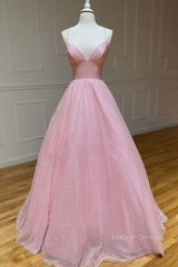 Party Dresses For Ladies, Shiny V Neck Backless Pink Long Prom Dress, Backless Pink Formal Graduation Evening Dress