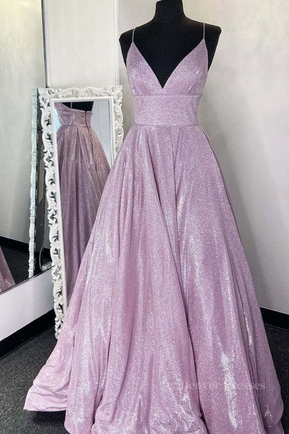 Formal Dresses Pink, Shiny V Neck Backless Purple Long Prom Dresses, Sparkly Backless Purple Formal Evening Dresses
