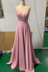 Slip Dress, Shiny V Neck Pink Long Prom Dresses, Pink V Neck Long Formal Evening Dresses