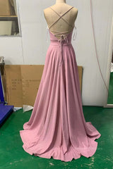 Cute Prom Dress, Shiny V Neck Pink Long Prom Dresses, Pink V Neck Long Formal Evening Dresses