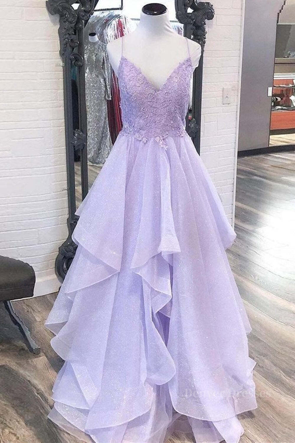 Prom Dresses Casual, Shiny V Neck Purple Lace Long Prom Dresses, Purple Lace Formal Evening Dresses, Purple Ball Gown