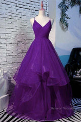 Prom Dresses Sale, Shiny V Neck Purple Long Prom Dresses, Long Purple Formal Evening Dresses, Purple Ball Gown