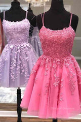 Prom Dresses Unique, Short A Line Thin Straps Lace Prom Dress, Lace Homecoming Dress, Short Formal Evening Dress