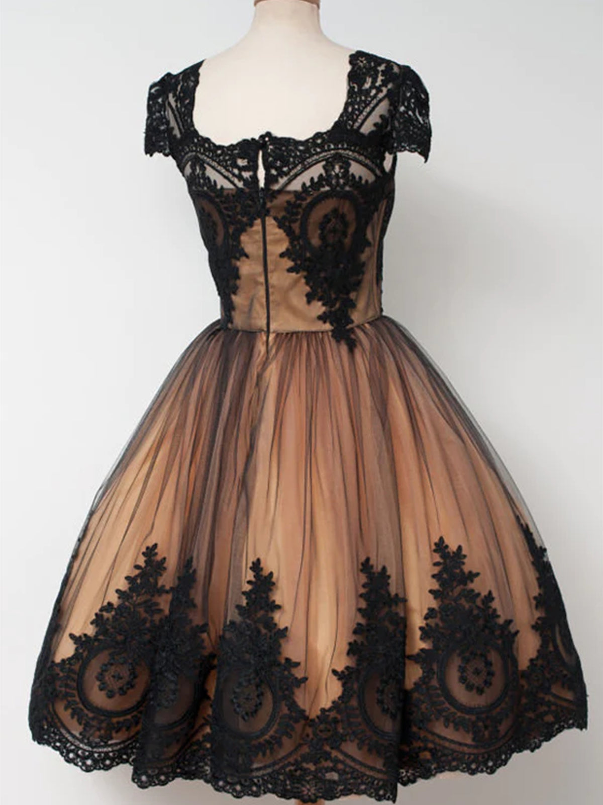 Homecoming Dress Classy, Short Cap Sleeves Black Lace Prom Dresses, Short Black Lace Graduation Homecoming Dresses