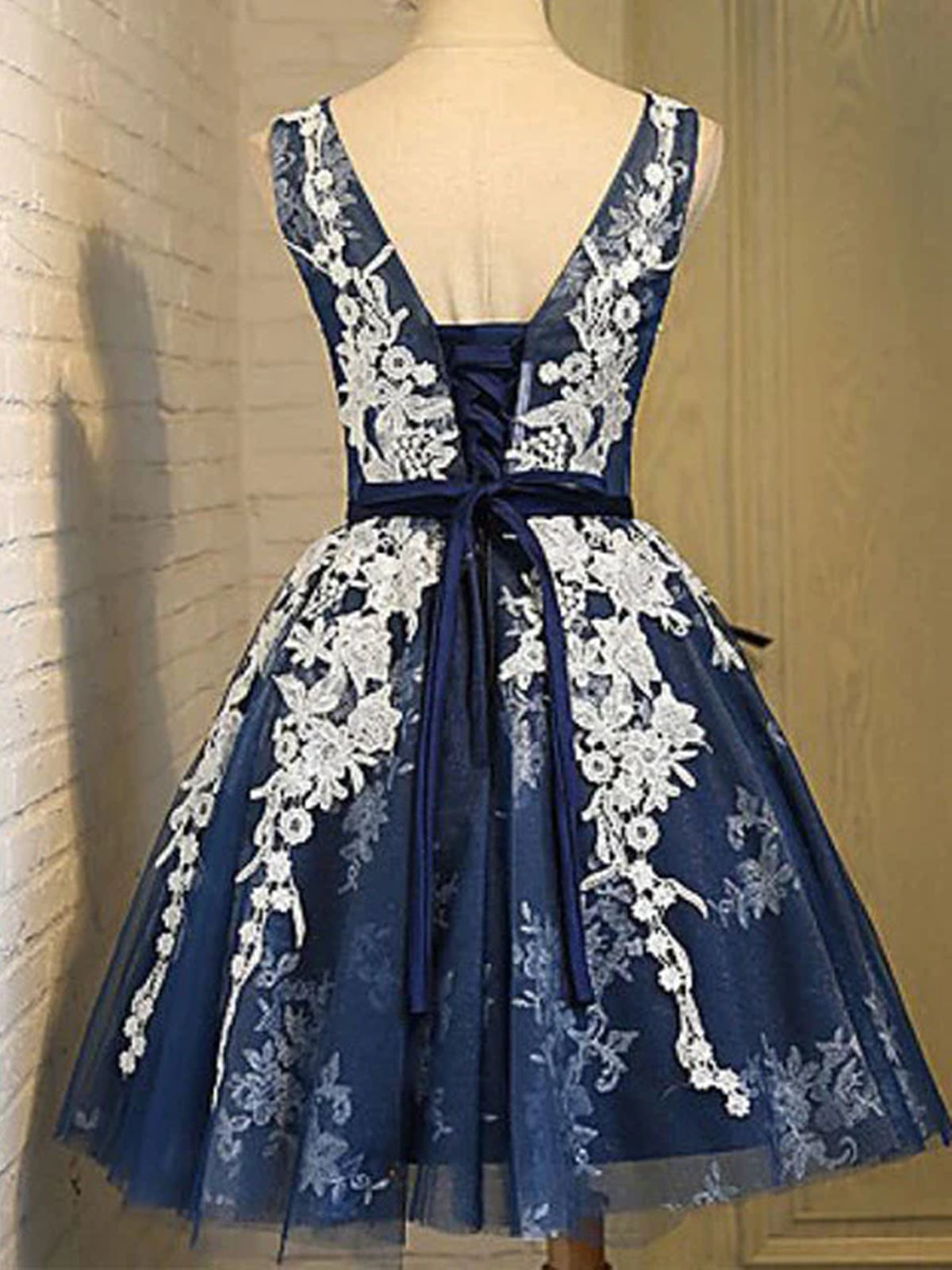 Homecoming Dress 2023, Short Dark Navy Blue Prom Dress with White Lace, Short Dark Navy Blue Graduation Homecoming Dresses