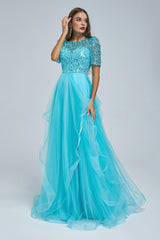 Formal Dresses With Tulle, Short Sleeve Tulle Beaded Sequins Long Prom Dresses FZ001