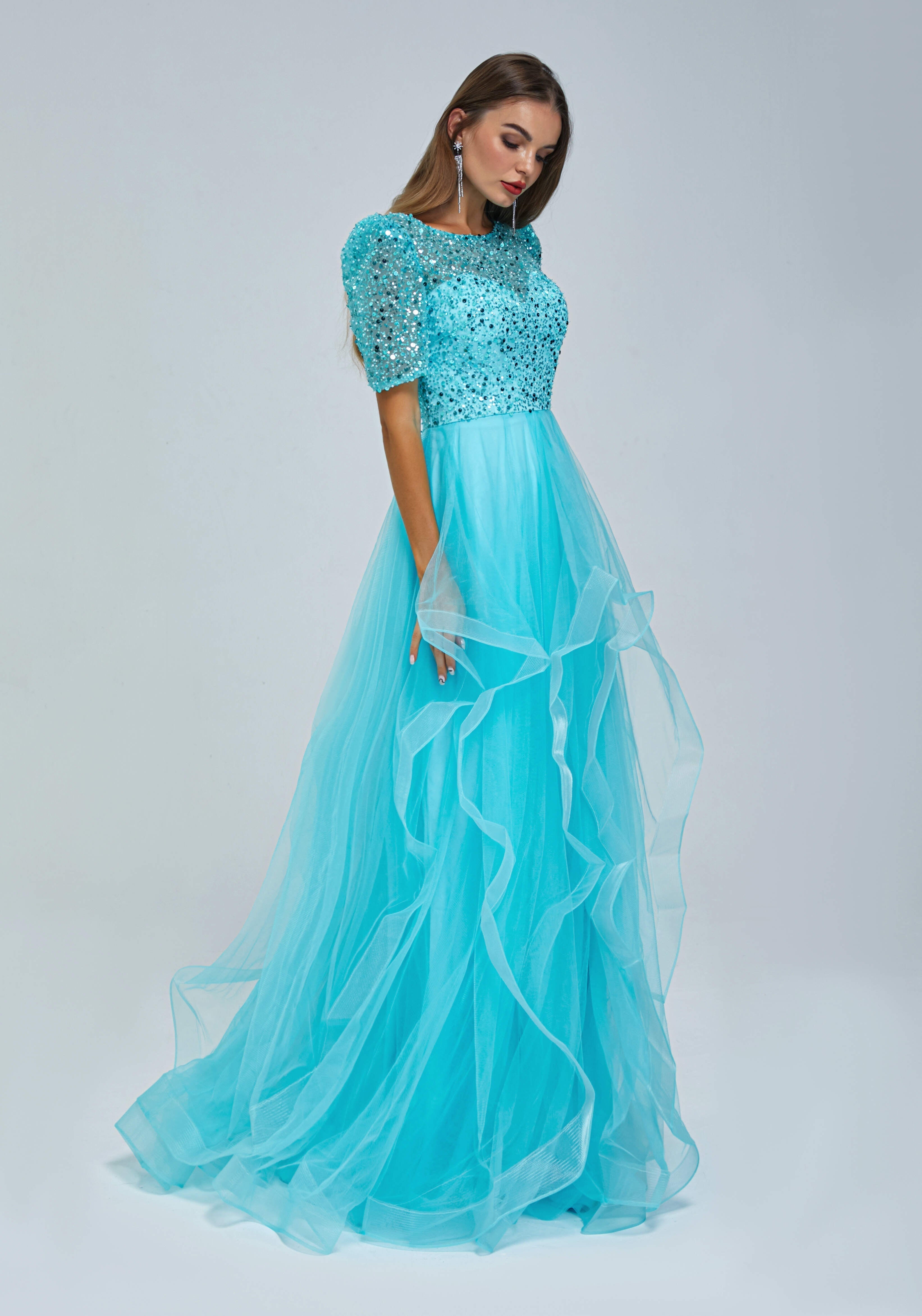 Formal Dress With Sleeve, Short Sleeve Tulle Beaded Sequins Long Prom Dresses FZ001