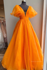 Bridesmaid Propos, Short Sleeves Orange Long Prom Dresses, Orange Long Formal Evening Dresses