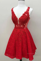 Homecoming Dresses Long, Short V Neck Lace Prom Dresses, Short Red V Neck Lace Homecoming Graduation Dresses