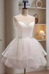 Party Dress Jeans, Short V Neck White Prom Dresses, Short V Neck White Formal Homecoming Dresses