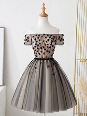 Black Tie Wedding Guest Dress, Cute Tulle Short Prom Dress with Flowers, Black Tulle Party Dress